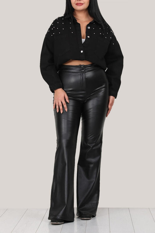 Büyük Beden Bol Paça Deri Pantolon Siyah