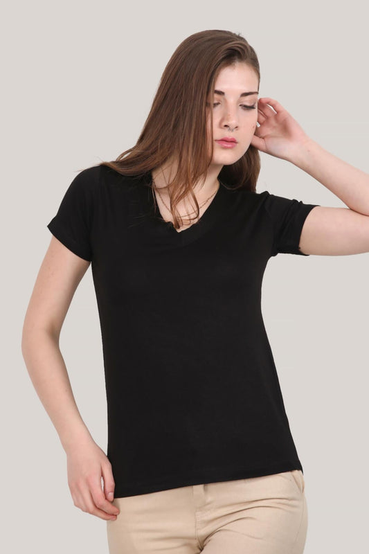 Kadın V Yaka T-Shirt Siyah Siyah