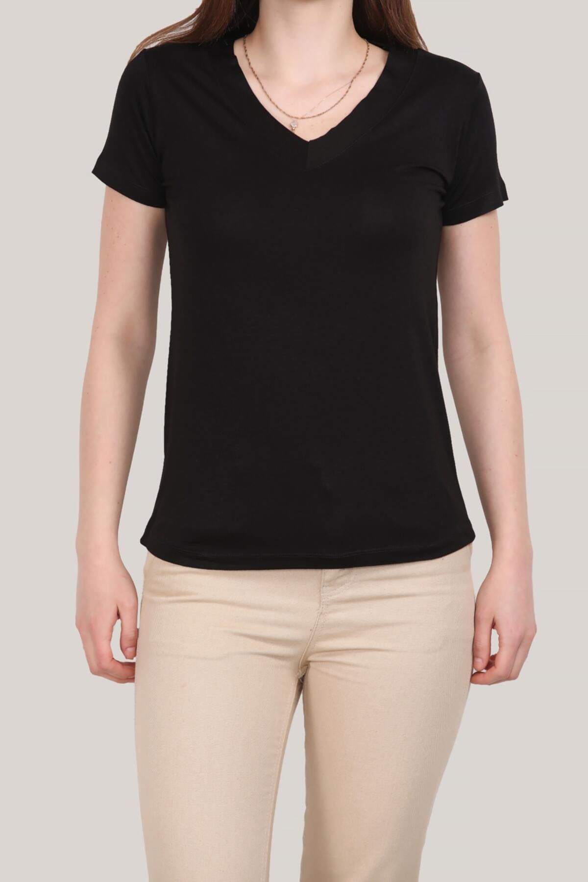 Kadın V Yaka T-Shirt Siyah Siyah