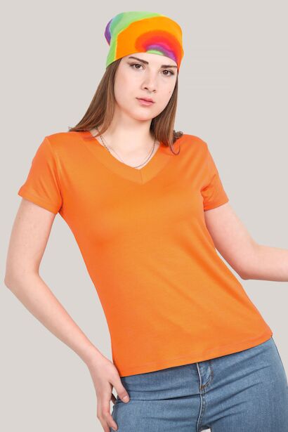 Kadın V Yaka T-shirt Turuncu