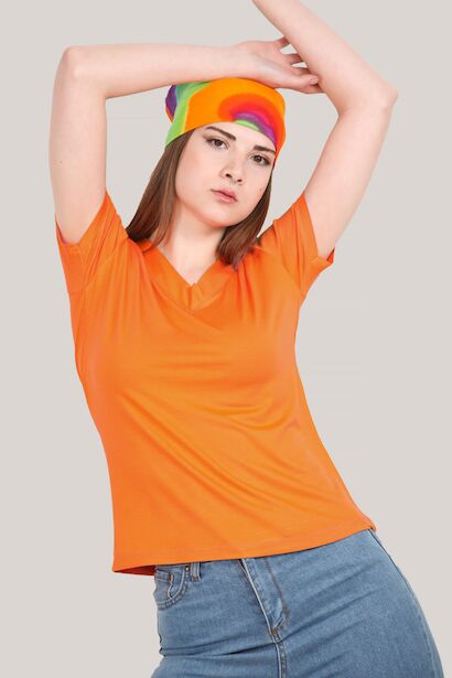Kadın V Yaka T-shirt Turuncu