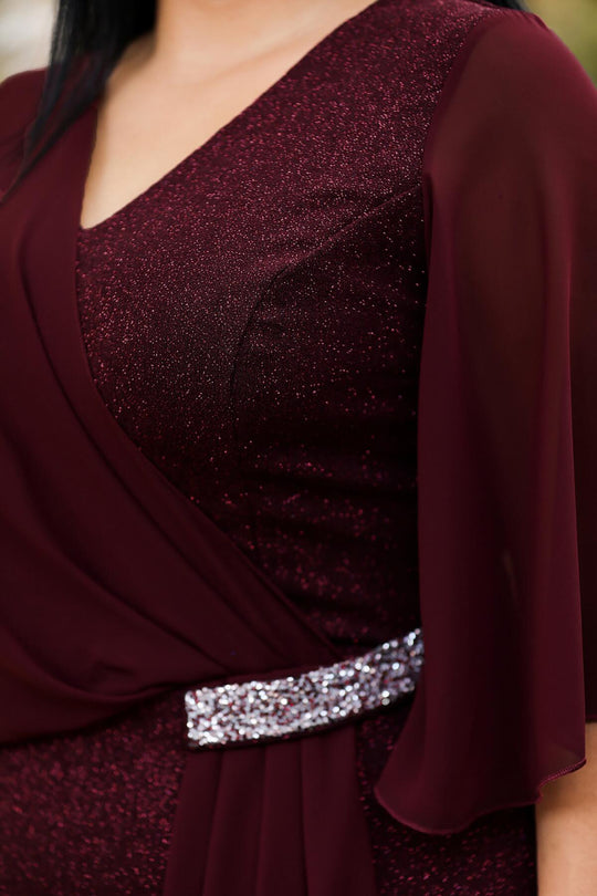 Büyük Beden Simli Midi Boy Abiye Elbise  Bordo