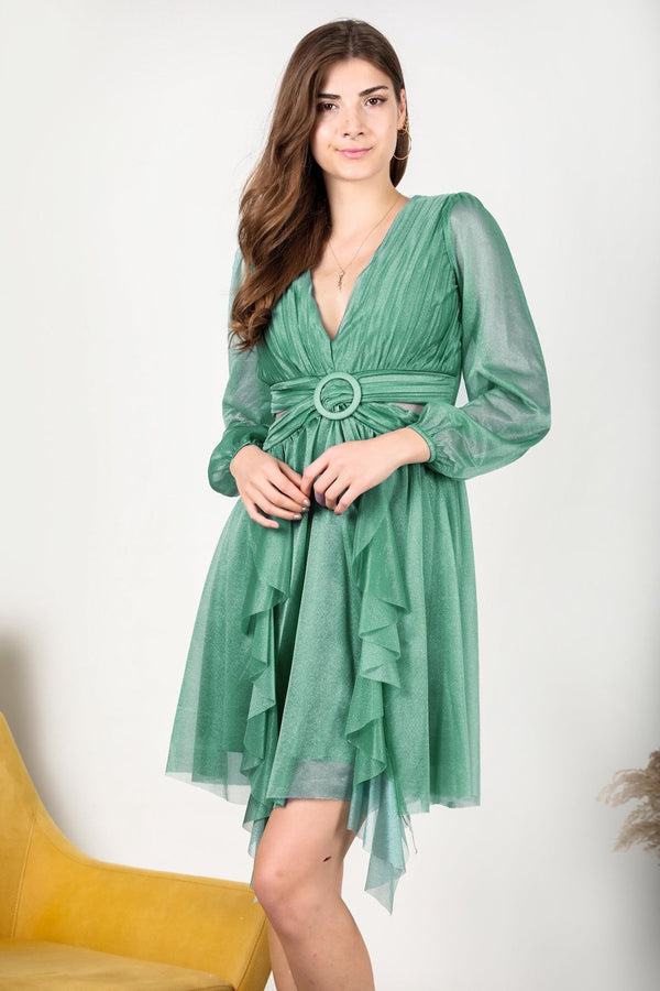 Kadın Eteği Fırfır Abiye Elbise Çağla Yeşili