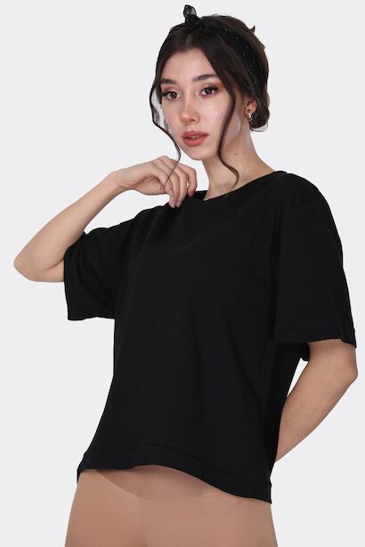 Kadın Bisiklet Yaka T-shirt Siyah