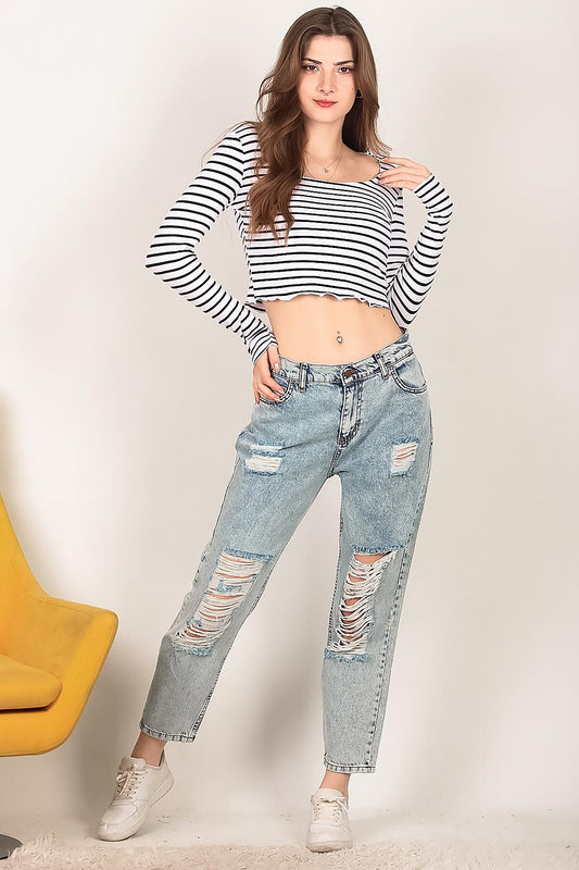Kadın Yırtık Mom Jeans Pantolon