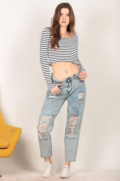 Kadın Yırtık Mom Jeans Pantolon