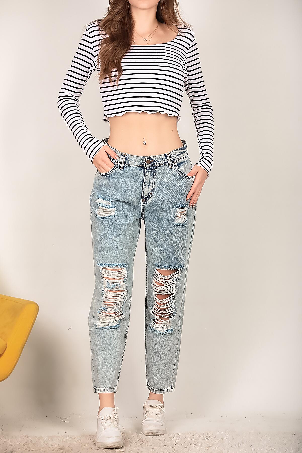 Kadın Yırtık Mom Jeans Pantolon