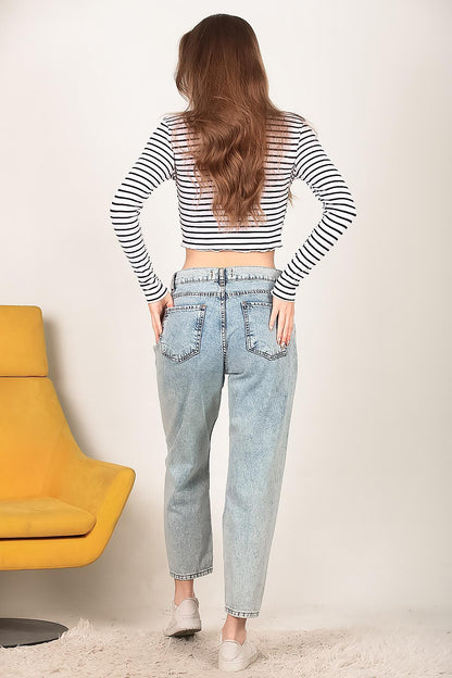 Kadın Yırtık Mom Jeans Pantolon