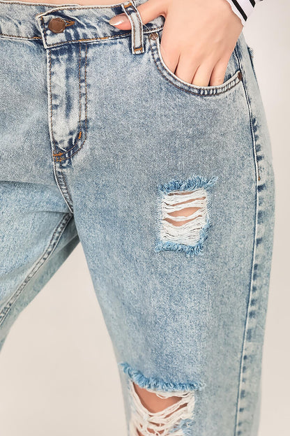 Kadın Yırtık Mom Jeans Pantolon