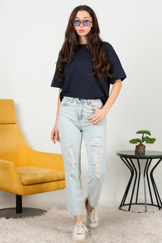 Kadın Yırtık Detaylı Mom Jeans Pantolon Kot