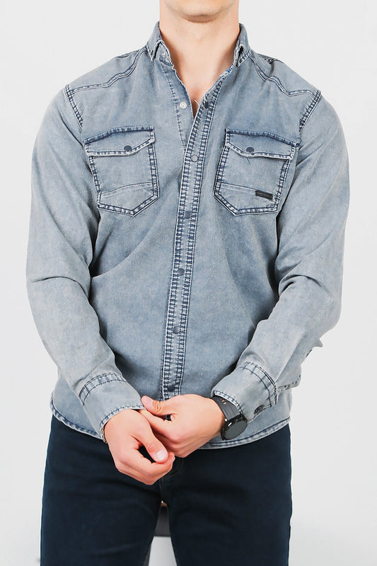 Erkek Yıkamalı Kot Gömlek Lacivert Lacivert