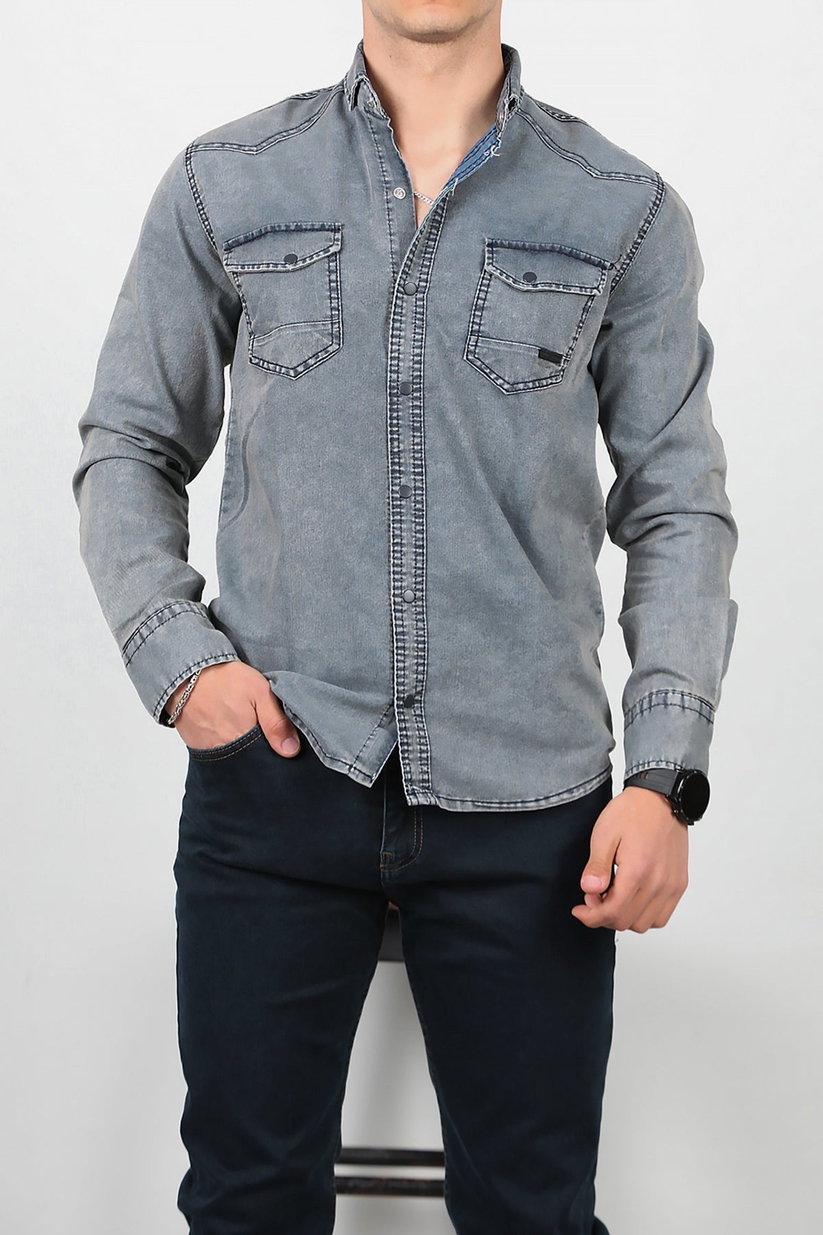 Erkek Yıkamalı Kot Gömlek Lacivert Lacivert
