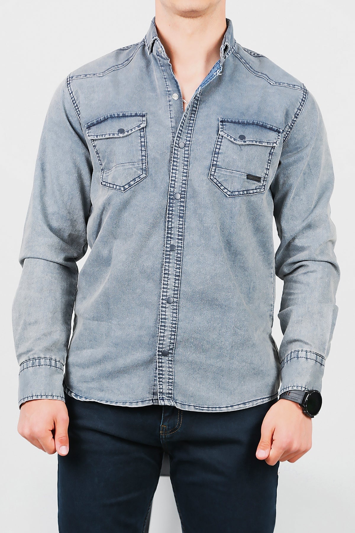 Erkek Yıkamalı Kot Gömlek Lacivert Lacivert