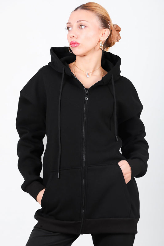 Kadın Kapşonlu Fermuarlı Oversize Üç İplik Sweat Siyah Siyah