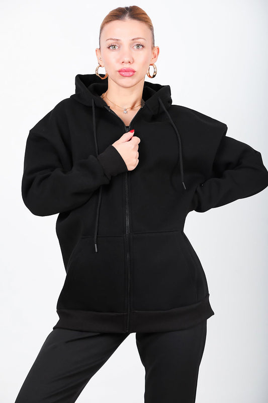 Kadın Kapşonlu Fermuarlı Oversize Üç İplik Sweat Siyah Siyah