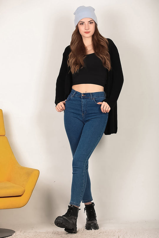 Kadın Likralı Mom Jeans Pantolon  Koyu Mavi