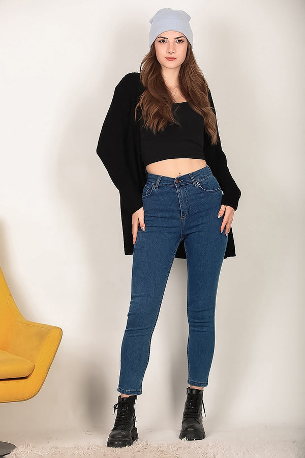 Kadın Likralı Mom Jeans Pantolon  Koyu Mavi