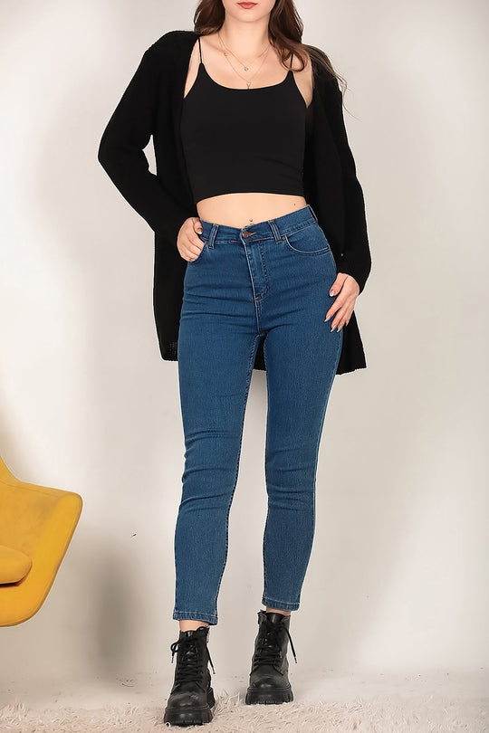Kadın Likralı Mom Jeans Pantolon  Koyu Mavi