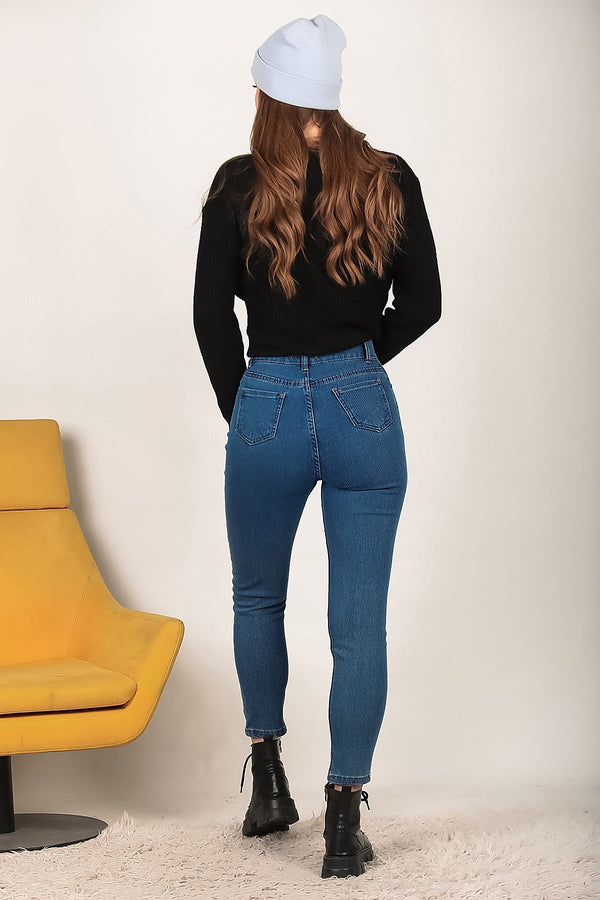Kadın Likralı Mom Jeans Pantolon  Koyu Mavi