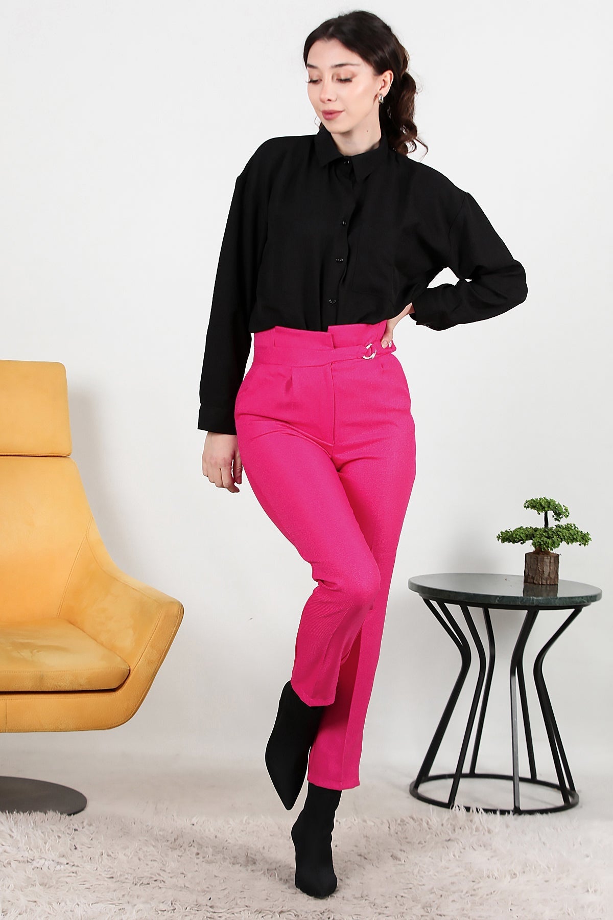 Kadın Kendinden Kemerli Pantolon  Pembe