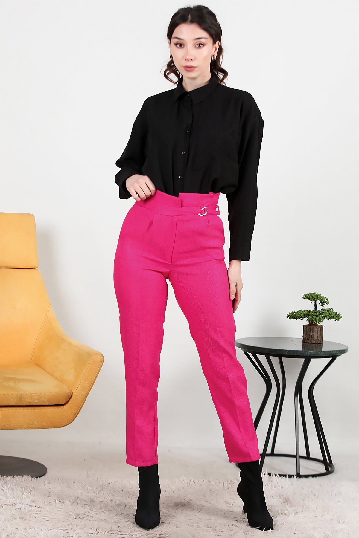 Kadın Kendinden Kemerli Pantolon  Pembe