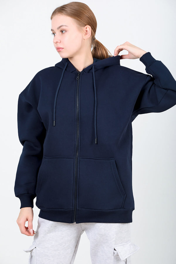 Kadın Kapşonlu Fermuarlı Oversize Üç İplik Sweat  Lacivert