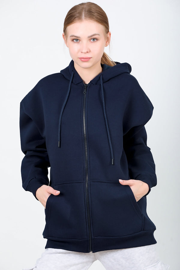 Kadın Kapşonlu Fermuarlı Oversize Üç İplik Sweat  Lacivert