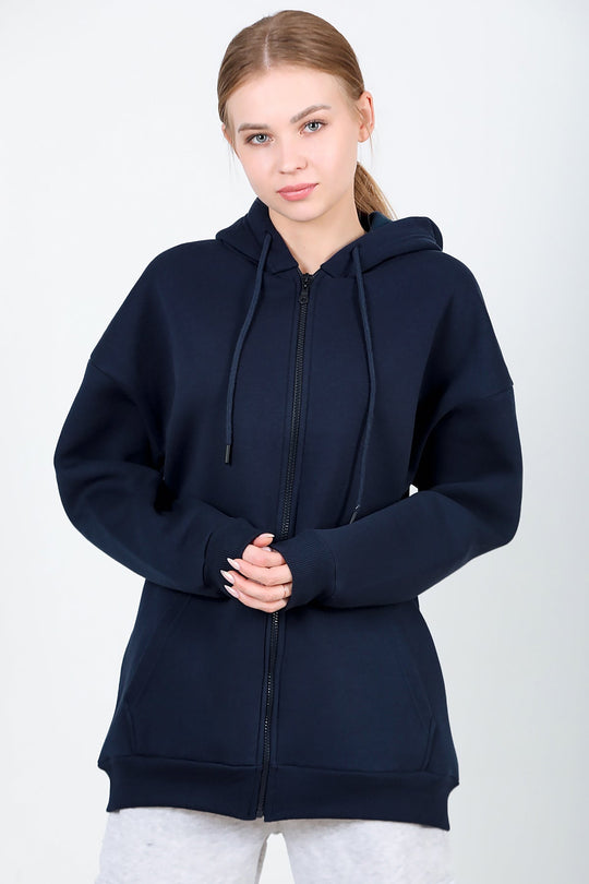 Kadın Kapşonlu Fermuarlı Oversize Üç İplik Sweat  Lacivert