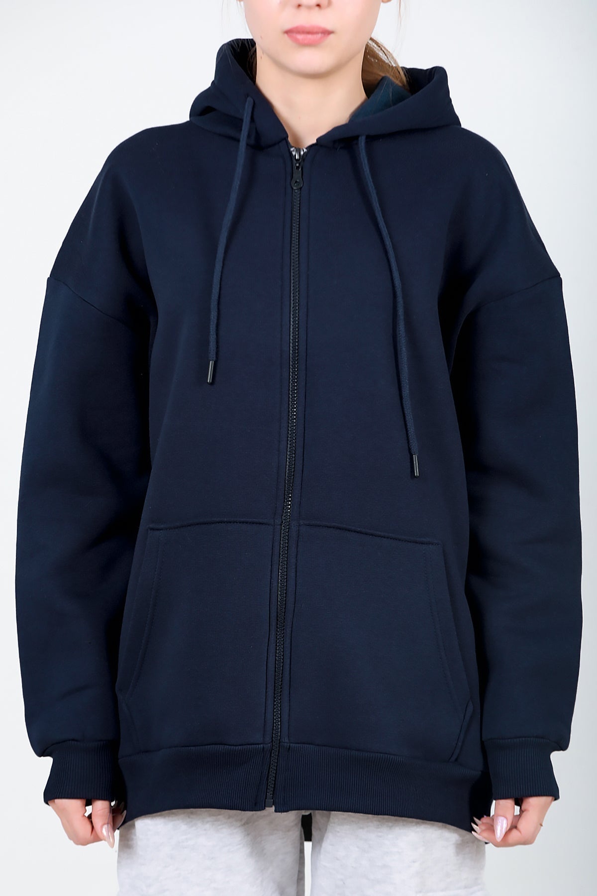 Kadın Kapşonlu Fermuarlı Oversize Üç İplik Sweat  Lacivert