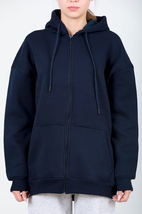 Kadın Kapşonlu Fermuarlı Oversize Üç İplik Sweat  Lacivert