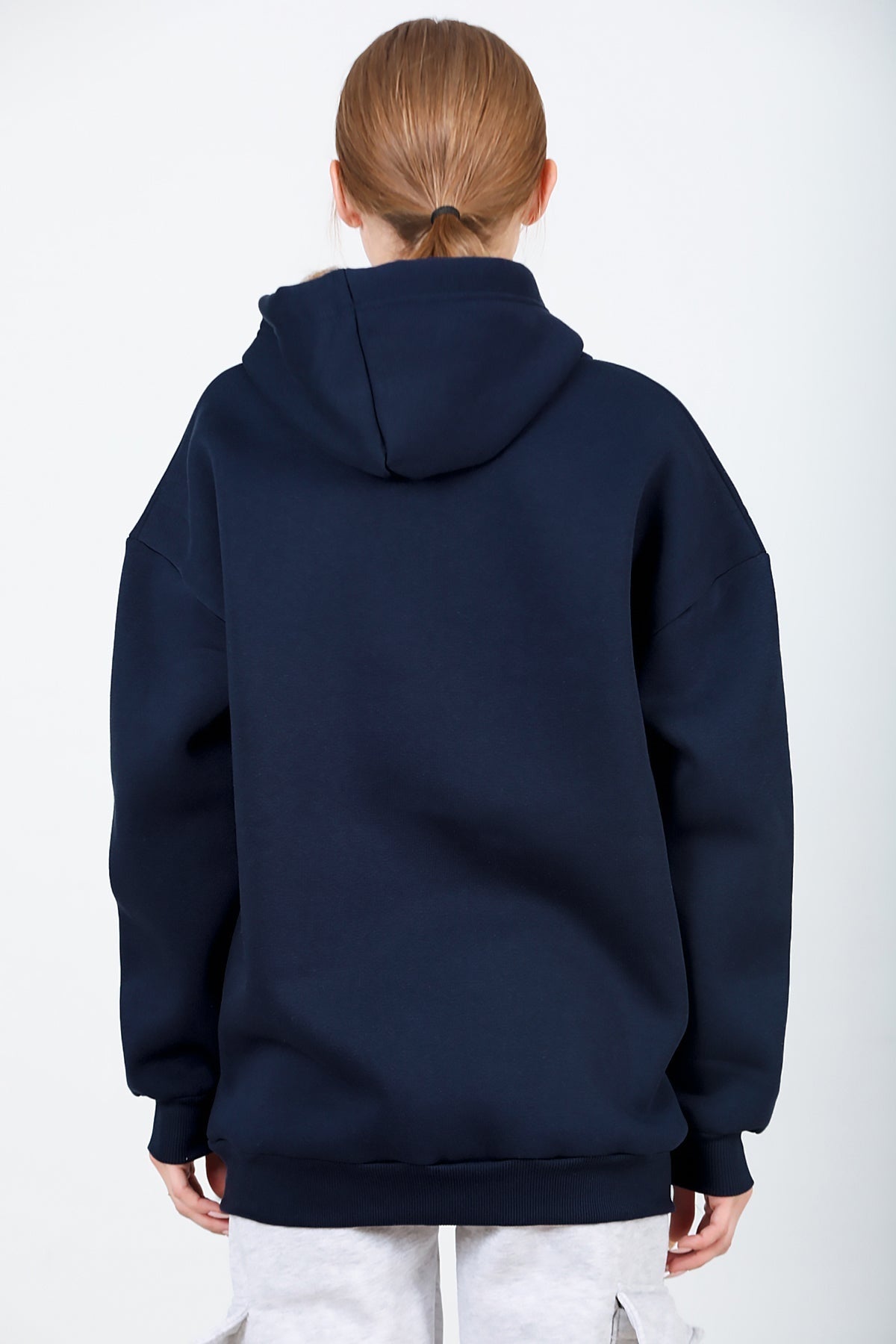 Kadın Kapşonlu Fermuarlı Oversize Üç İplik Sweat  Lacivert
