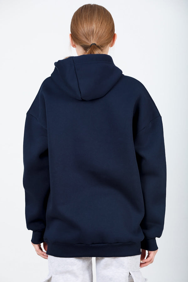 Kadın Kapşonlu Fermuarlı Oversize Üç İplik Sweat  Lacivert