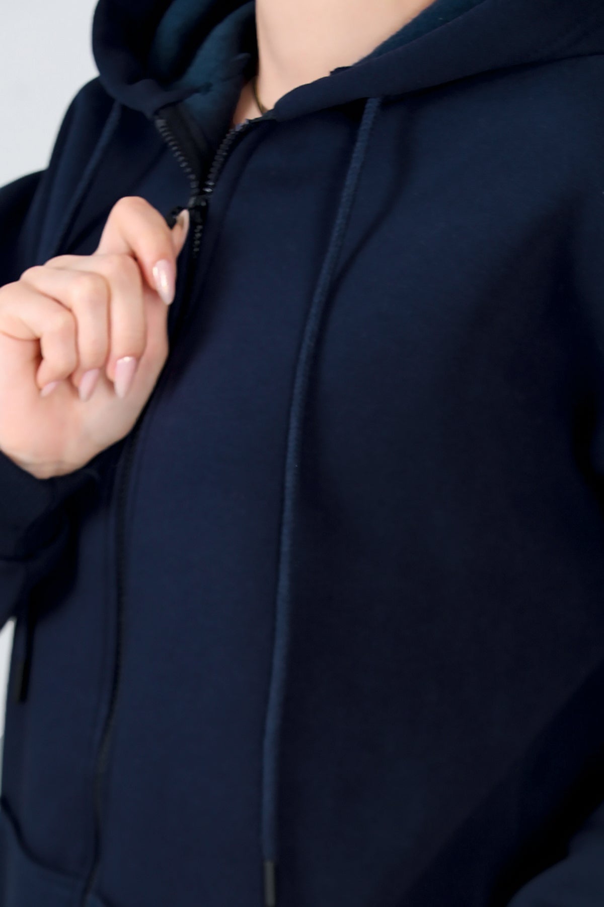 Kadın Kapşonlu Fermuarlı Oversize Üç İplik Sweat  Lacivert