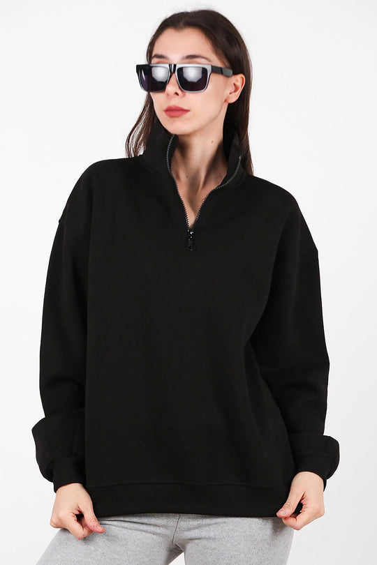 Kadın Yarım Balıkçı Yaka Fermuarlı Sweat  Siyah