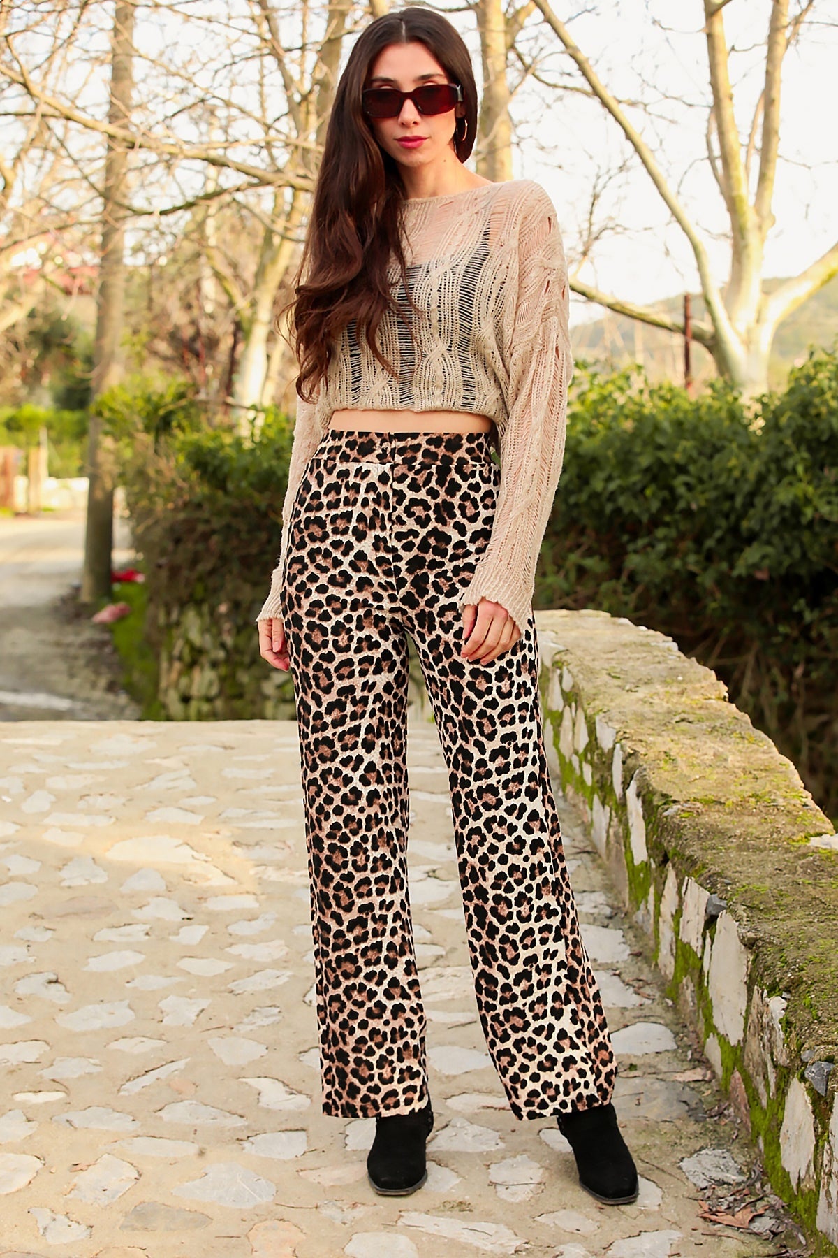 Kadın Bol Paça Leopar Pantolon  Leopar