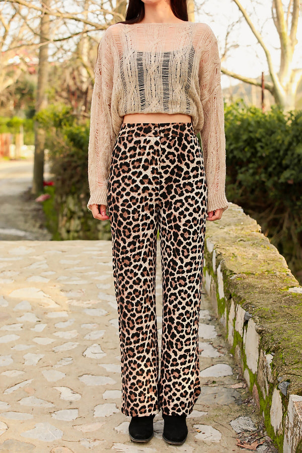 Kadın Bol Paça Leopar Pantolon  Leopar