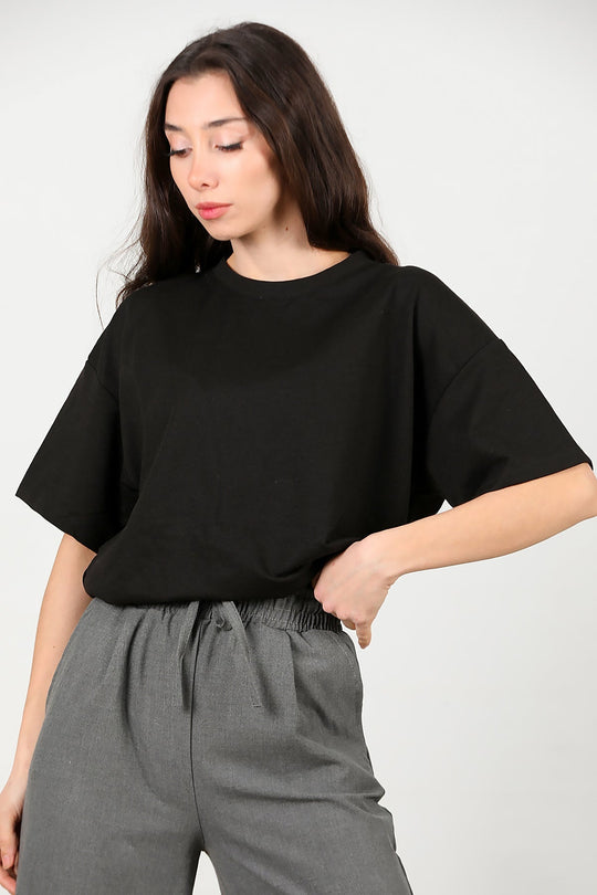 Kadın Bisiklet Yaka Oversize İki İplik Tshirt  Siyah