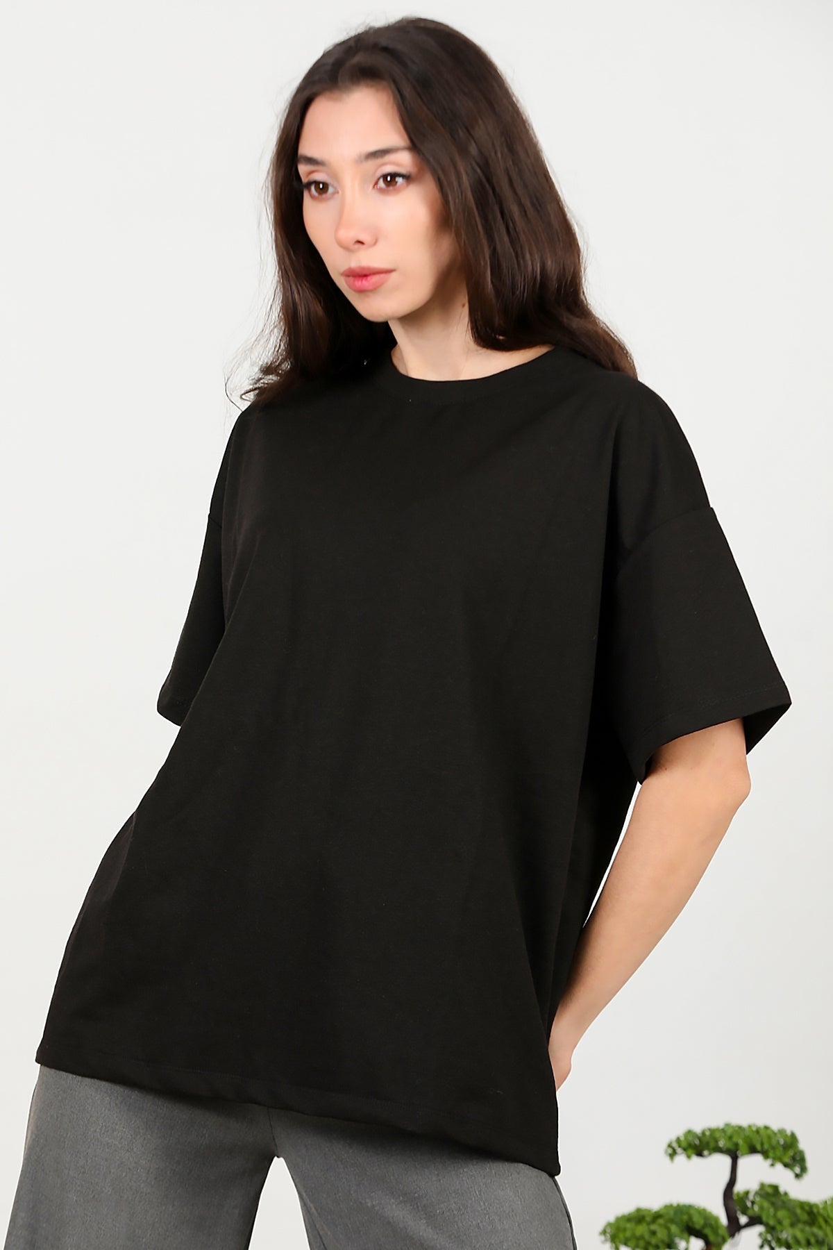 Kadın Bisiklet Yaka Oversize İki İplik Tshirt  Siyah