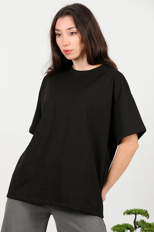 Kadın Bisiklet Yaka Oversize İki İplik Tshirt  Siyah