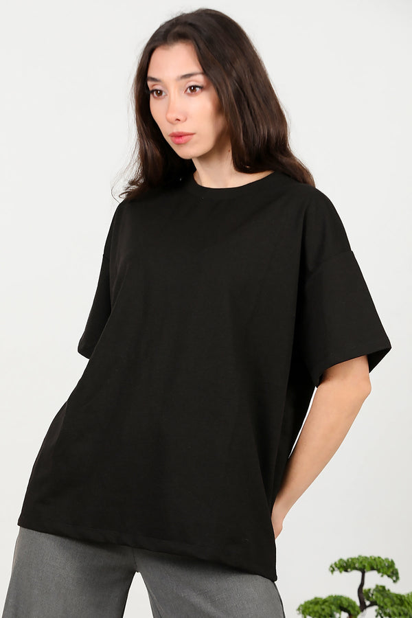 Kadın Bisiklet Yaka Oversize İki İplik Tshirt  Siyah