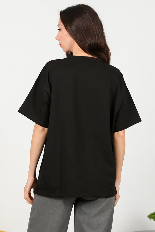 Kadın Bisiklet Yaka Oversize İki İplik Tshirt  Siyah