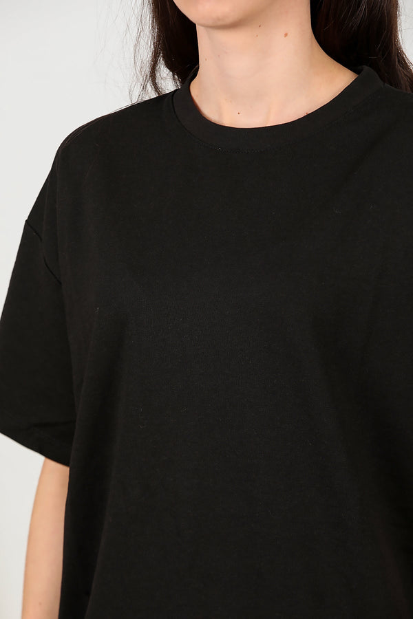 Kadın Bisiklet Yaka Oversize İki İplik Tshirt  Siyah