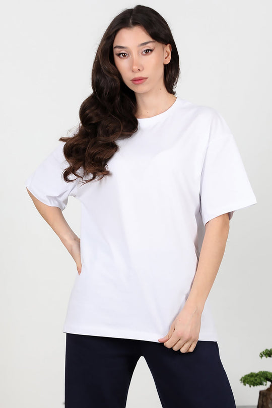 Kadın Bisiklet Yaka Oversize İki İplik Tshirt  Ekru