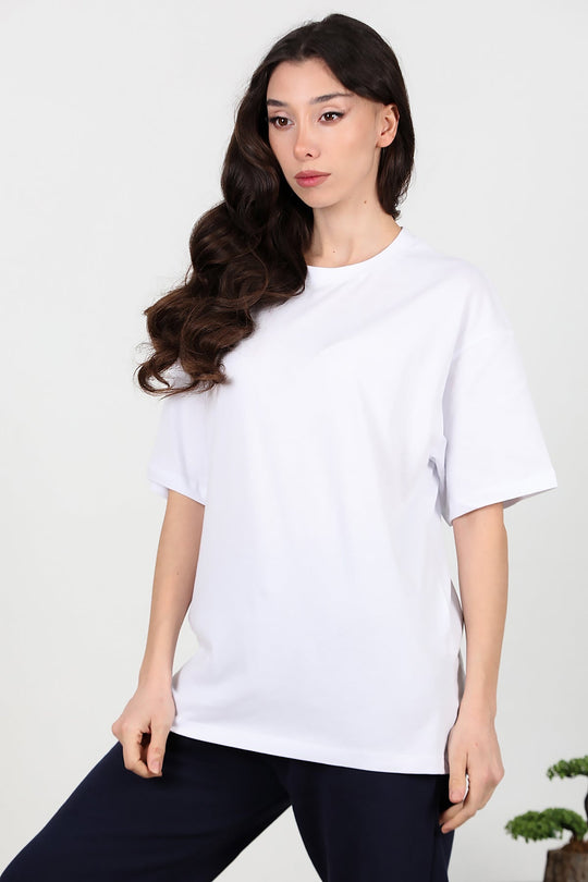 Kadın Bisiklet Yaka Oversize İki İplik Tshirt  Ekru