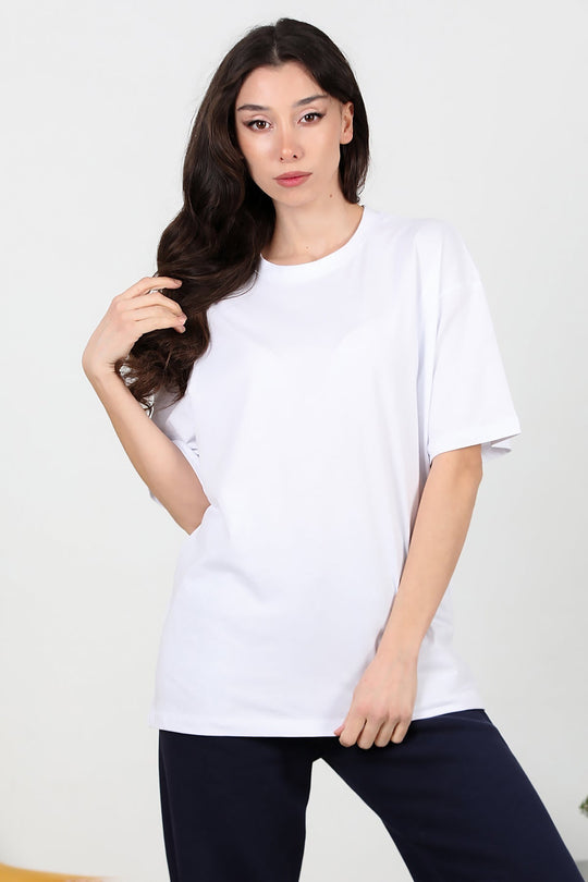 Kadın Bisiklet Yaka Oversize İki İplik Tshirt  Ekru