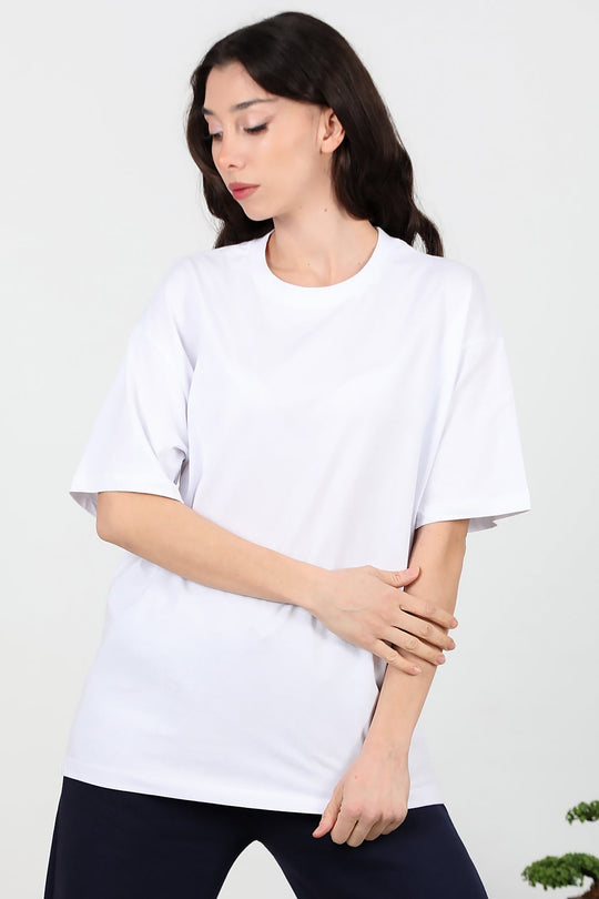Kadın Bisiklet Yaka Oversize İki İplik Tshirt  Ekru