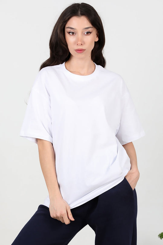Kadın Bisiklet Yaka Oversize İki İplik Tshirt  Ekru