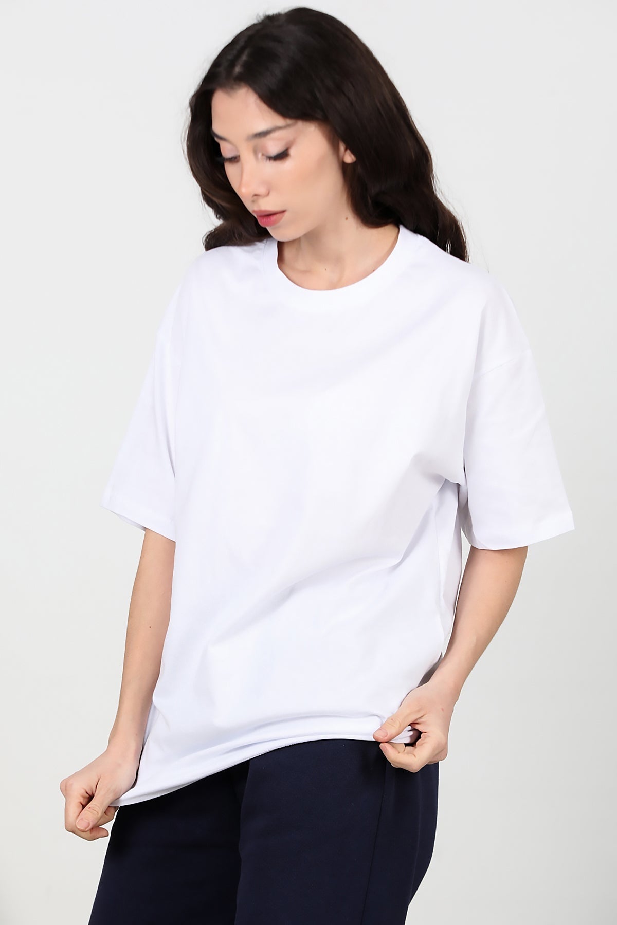 Kadın Bisiklet Yaka Oversize İki İplik Tshirt  Ekru