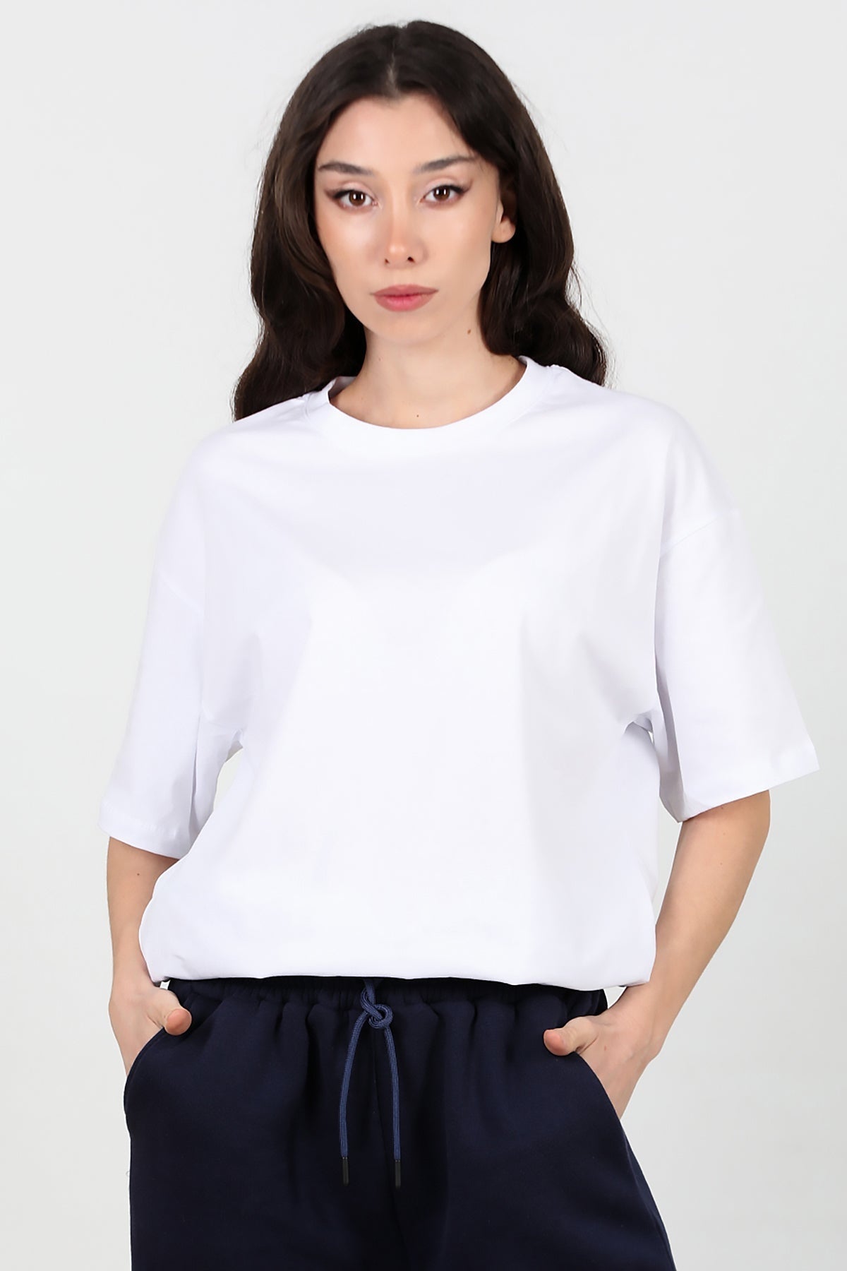 Kadın Bisiklet Yaka Oversize İki İplik Tshirt  Ekru