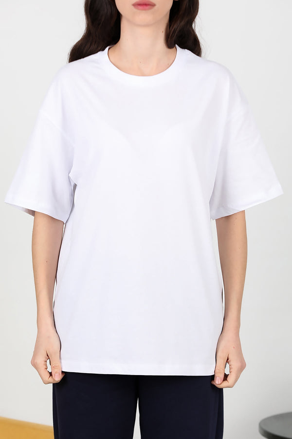Kadın Bisiklet Yaka Oversize İki İplik Tshirt  Ekru